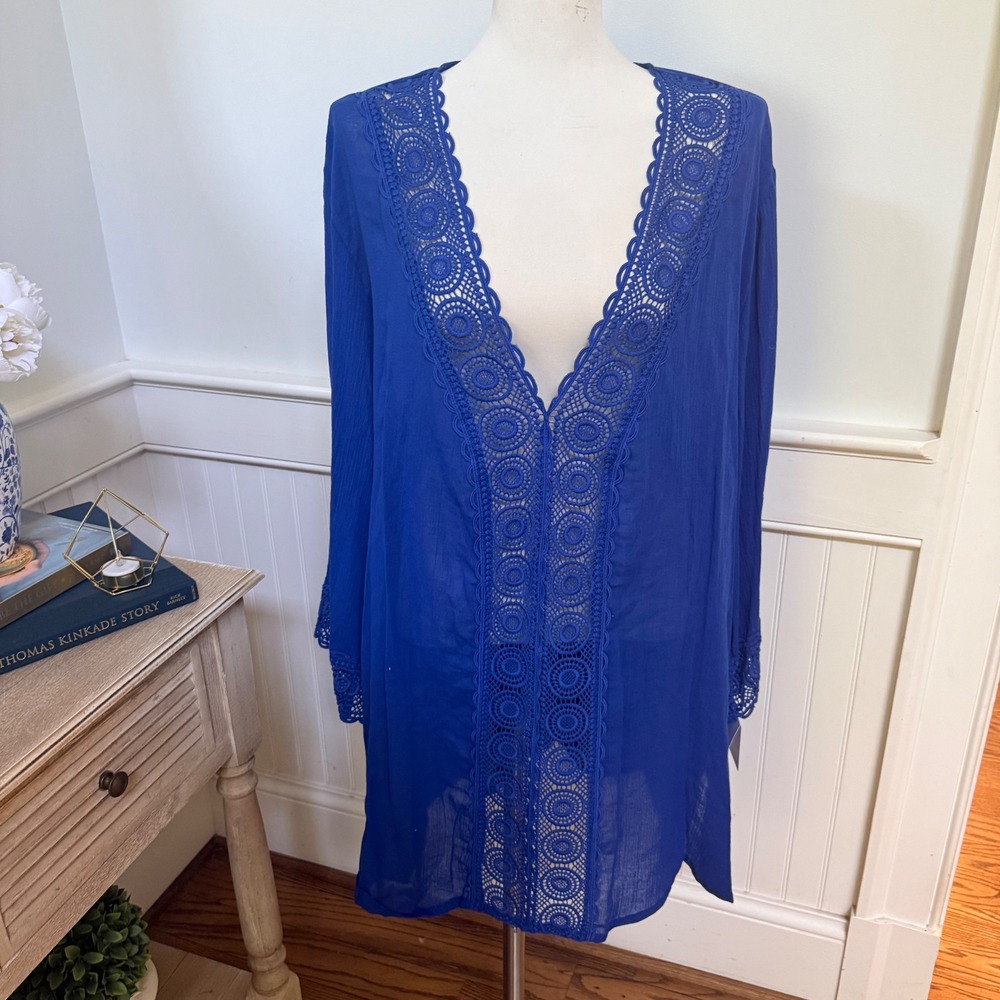 NWT La Blanca Blue Crochet Lace V-Neck Cotton Gauze Swim Cover Up Dress XXL